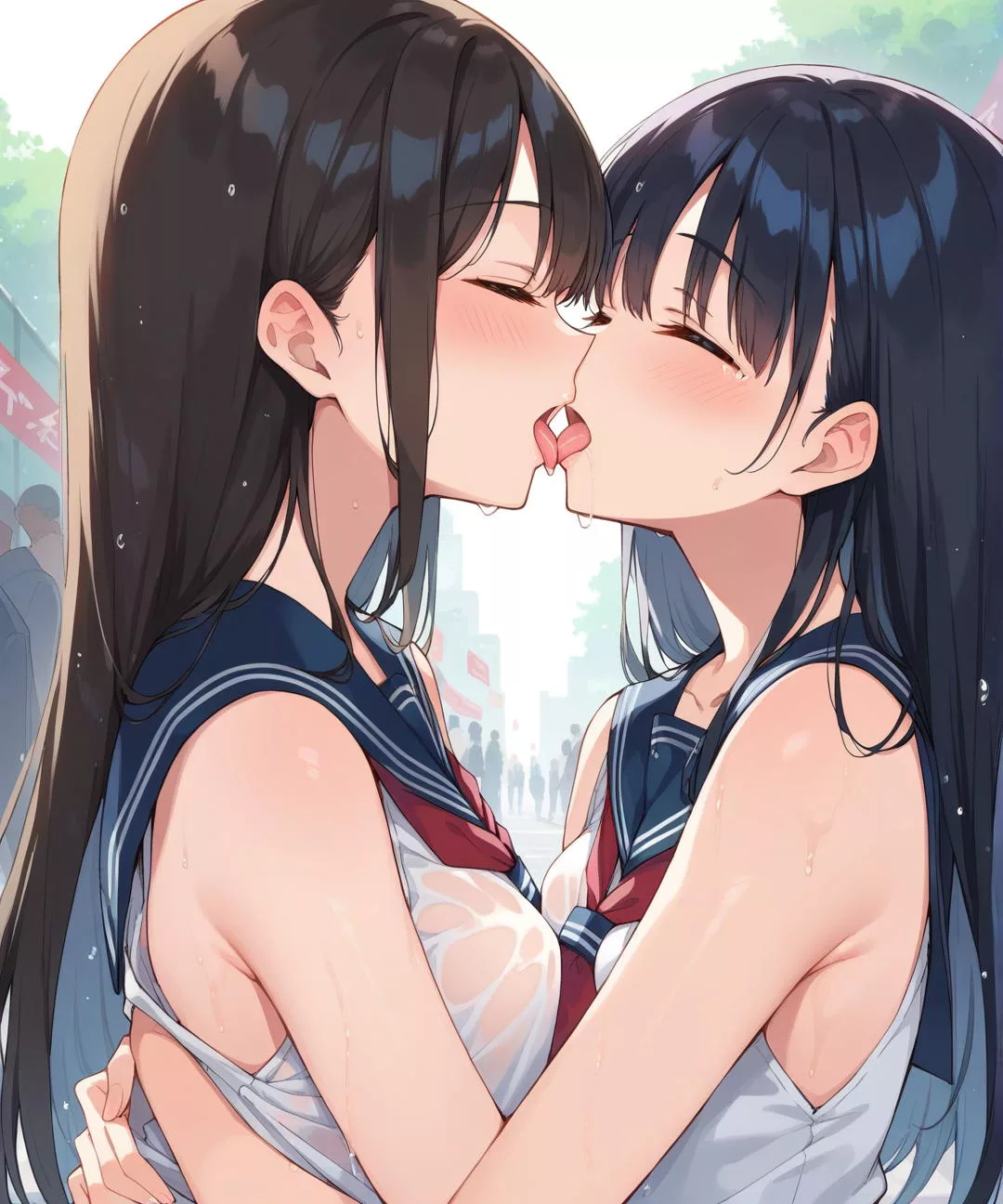 濡れ透けセーラー服娘たちが道のど真ん中で舌を絡ませ合う百合キス