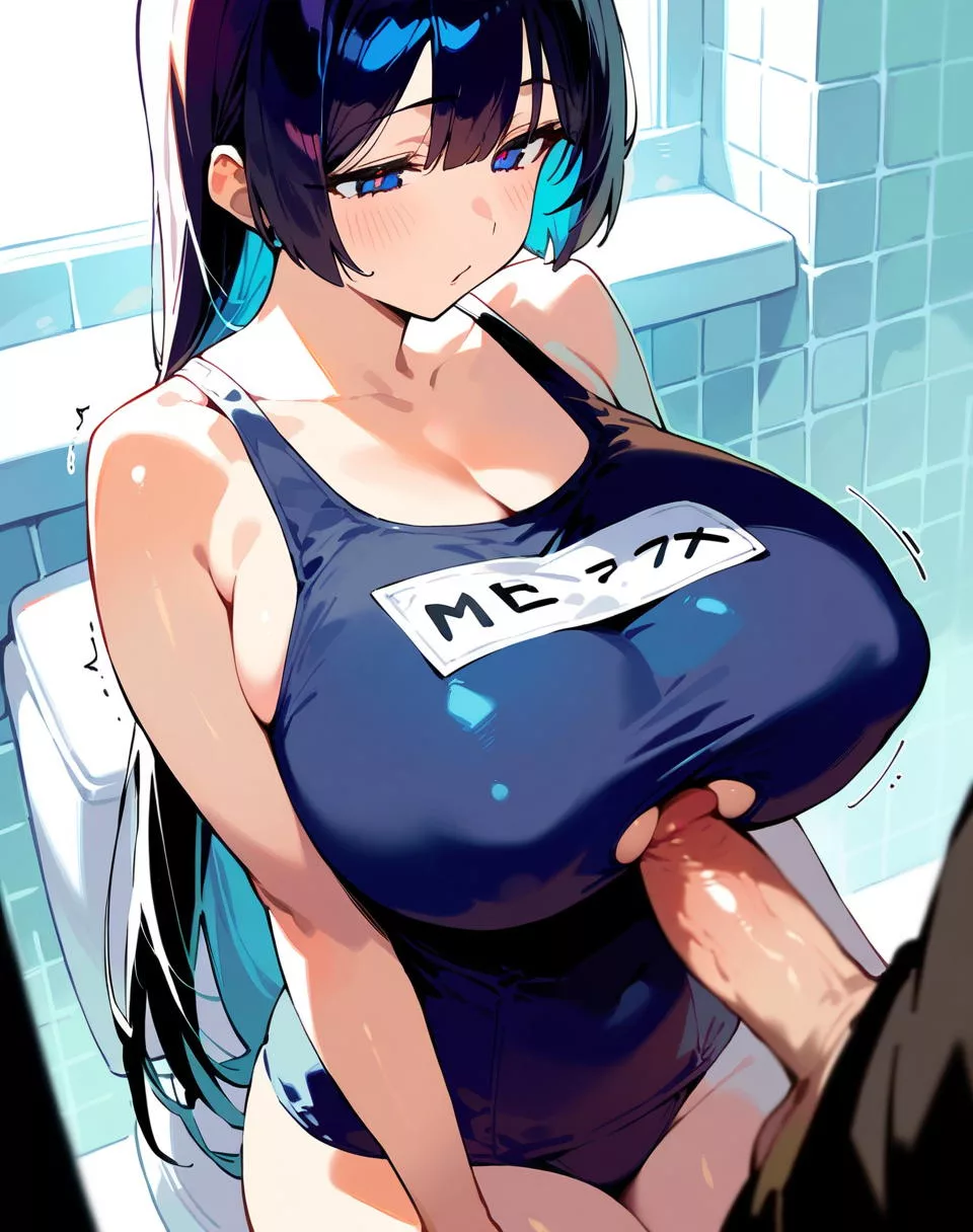 下乳穴を作ってハメ誘導する爆乳スク水娘のおっぱいマ◯コの入口を堪能♡