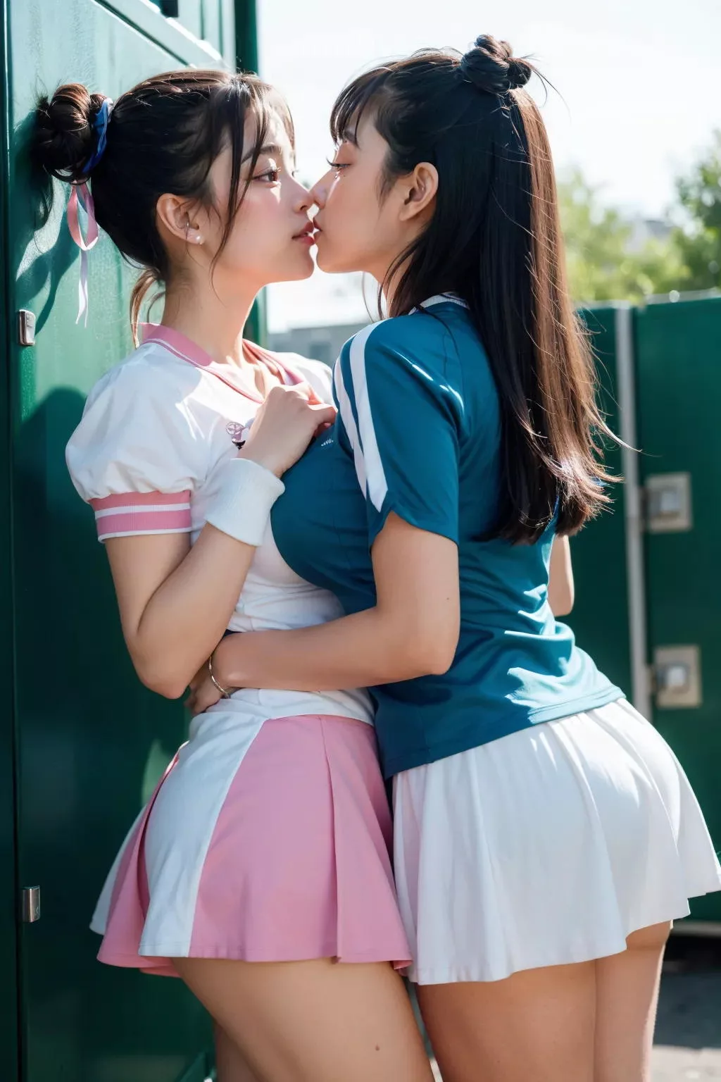 女子テニス部員の百合ップル二人が練習ブッチして乳合わせキス♡